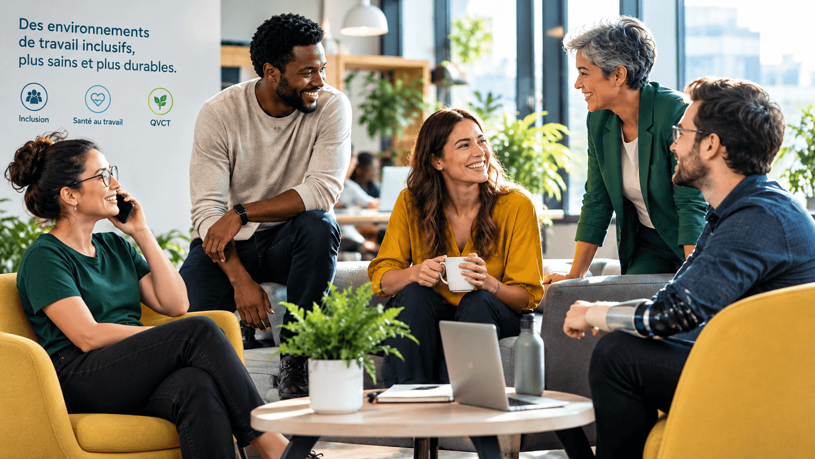 Collègues échangeant dans un espace de travail convivial et inclusif